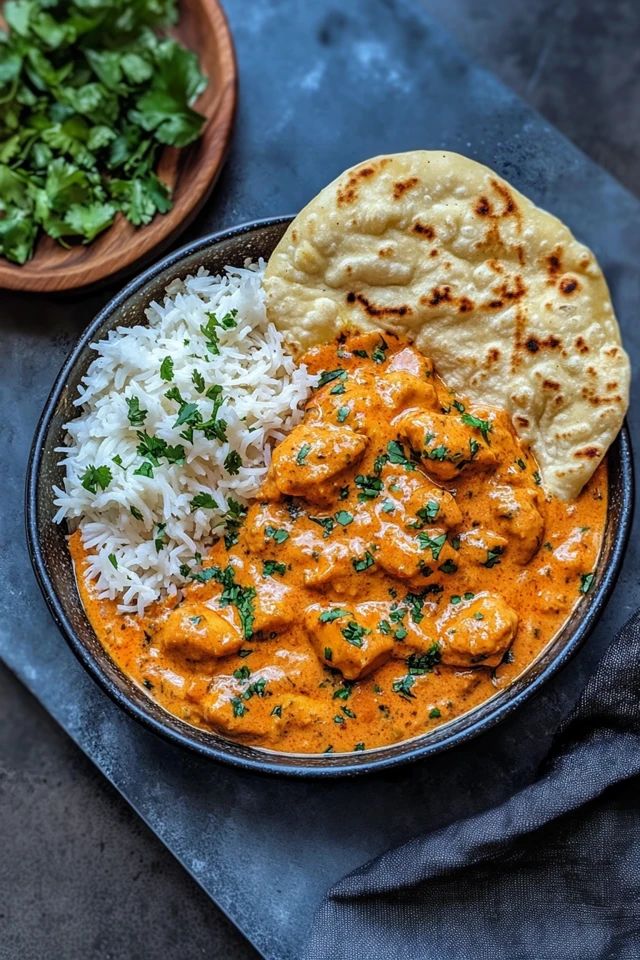 Creamy Butter Chicken in a bowl with naan bread